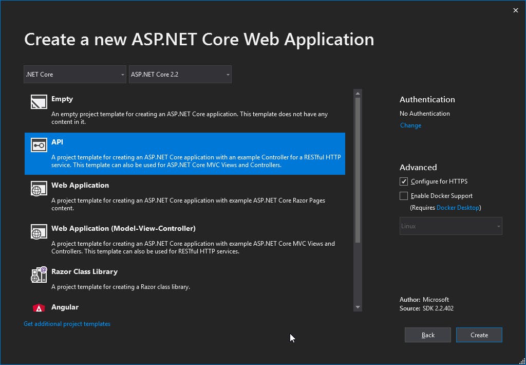 Create a new ASP.NET Core Web Application prompt