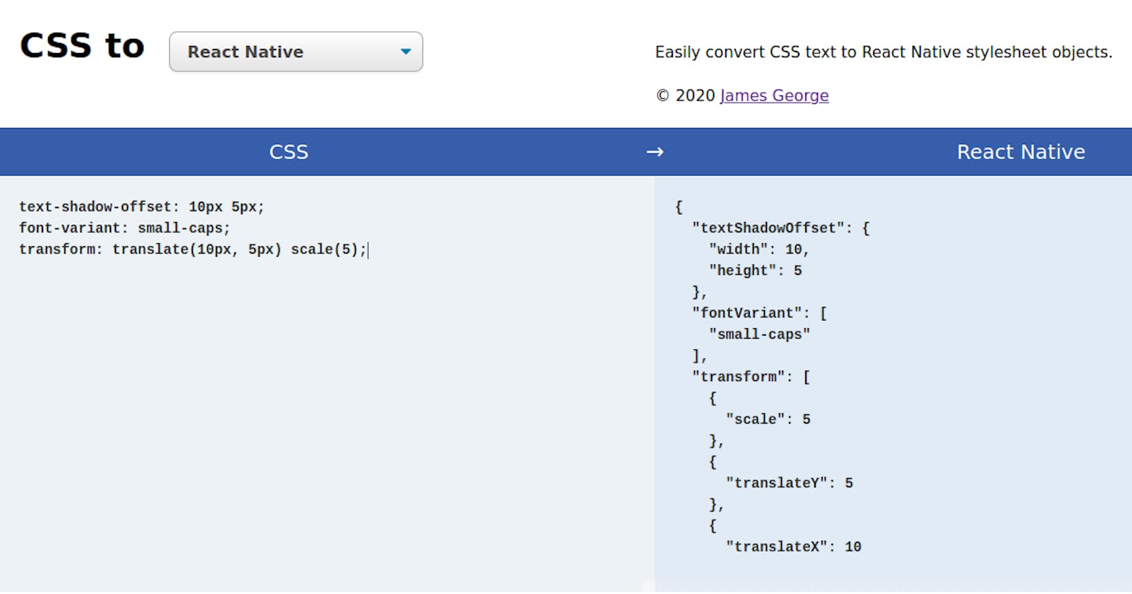 csstox - Convert CSS snippets to React Native / JSS stylesheet objects with ease