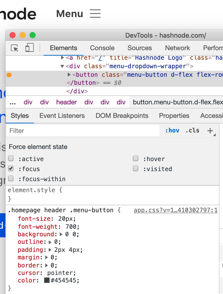 Chrome devtools open with the Elements tab selecting the "Menu" button. The pseudostate panel has "focus" checked. The "Menu" button appears exactly as it does unfocused.