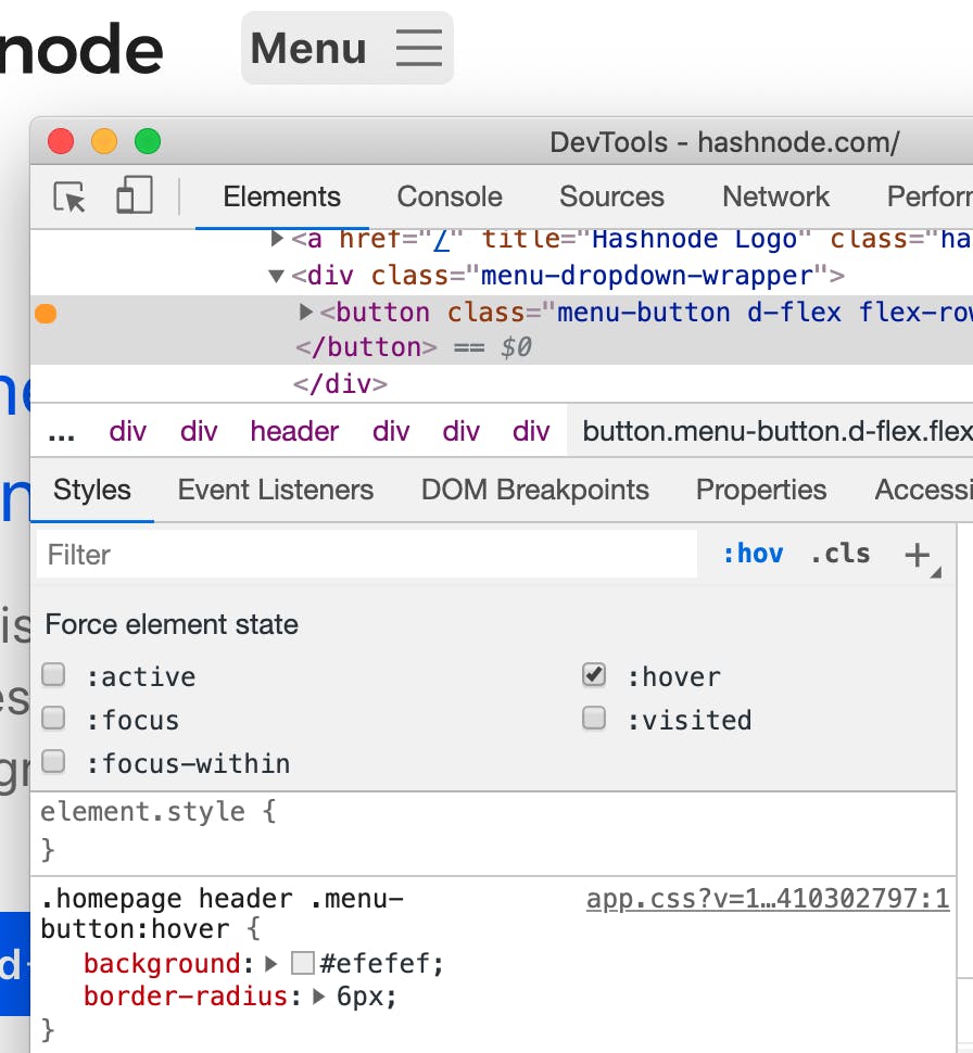 Chrome devtools open with the Elements tab selecting the "Menu" button. The pseudostate panel has "hover" checked. The "Menu" button appears different, with a grey background, than the unfocused state.