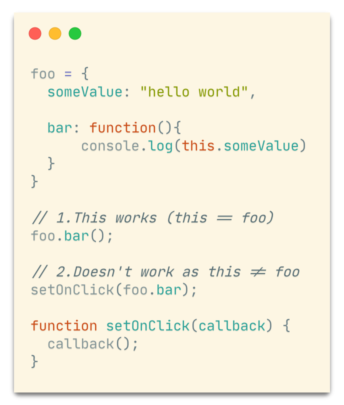 Code showing - method which is passed as callback loses reference to original obj as this, but calling foo.bar() directly works