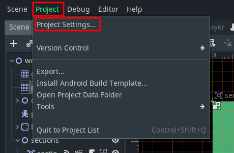 project settings menu entry