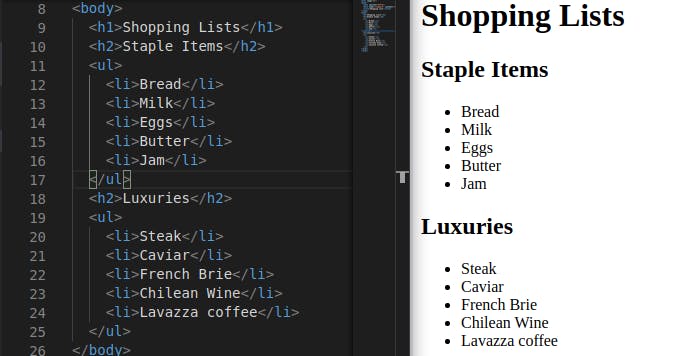 HTML for two unordered lists: staple items and luxury items