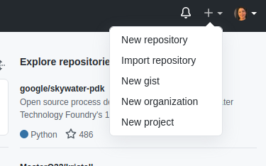 Screenshot of GitHub main page and the plus button