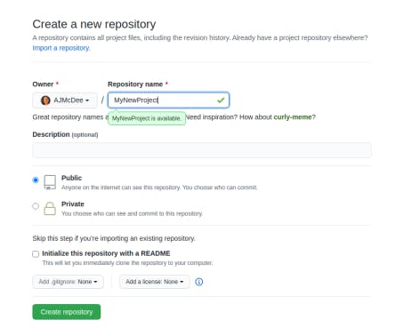 Screenshot of GitHub naming and creating the repository