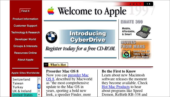 Screenshot of the Apple website from the 1990s