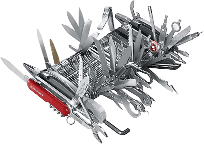 Over-the-top Swiss army knife. A visual aid depicting not ideal, the convoluted application that still is useful