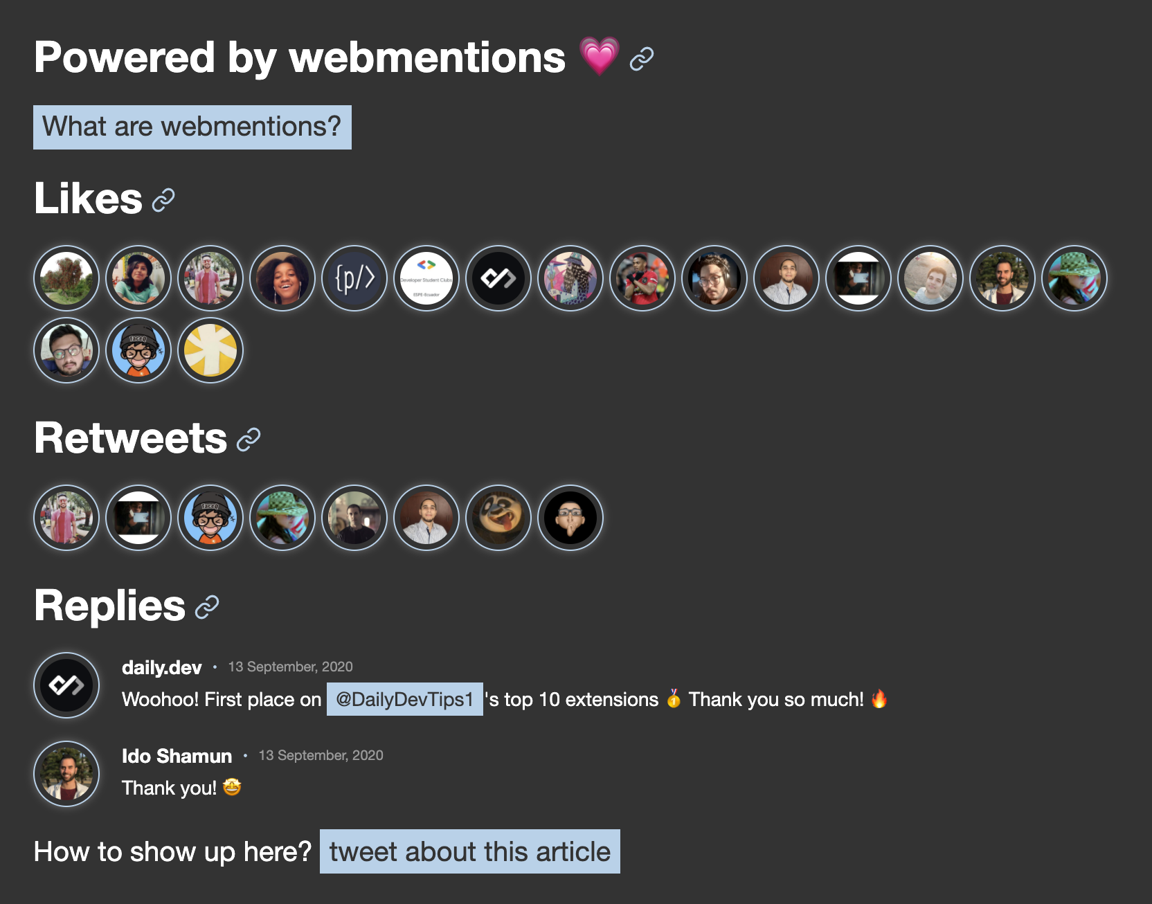 Webmentions example with Twitter likes, retweets, and replies