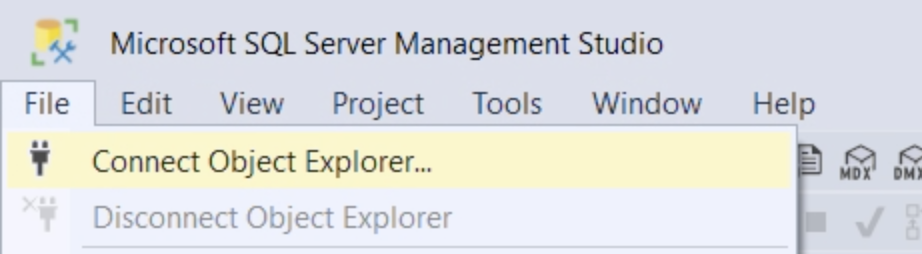 "File"-> "Connect Object Explorer"