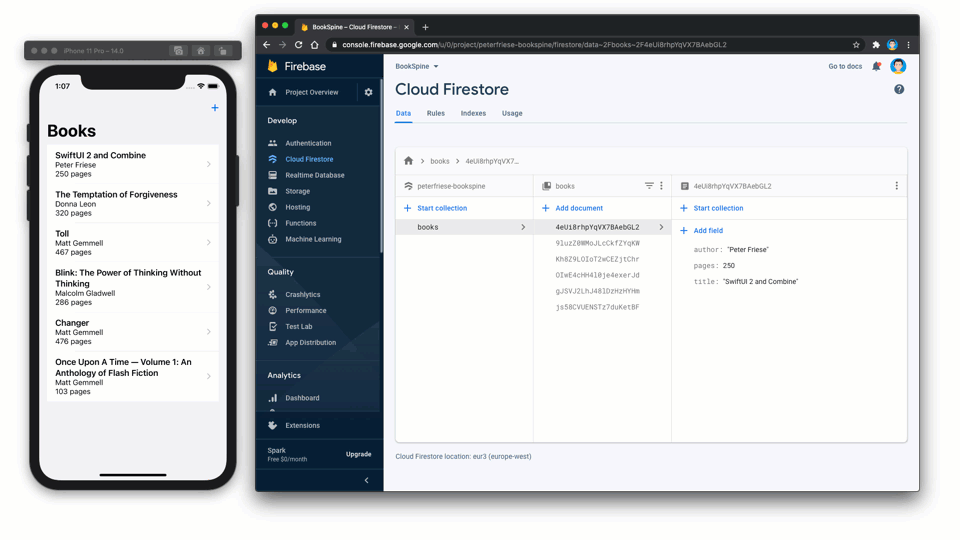 The finished app and Firebase Console side by side