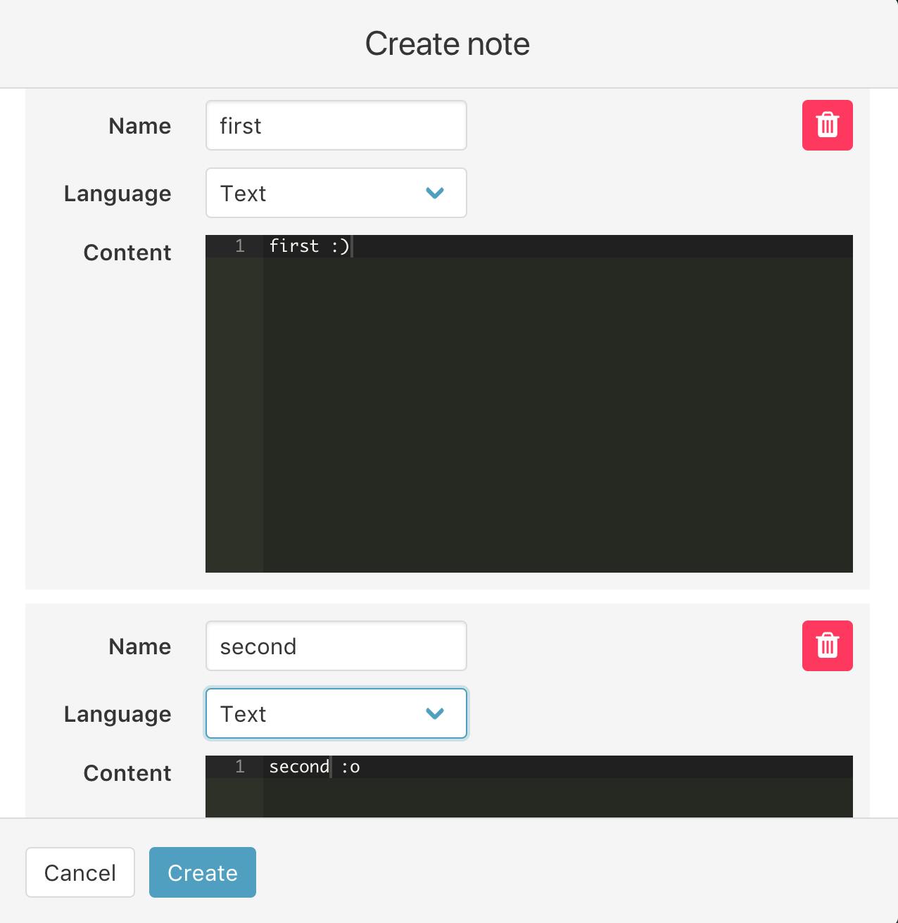 Add several snippets in 1 note in Code Notes