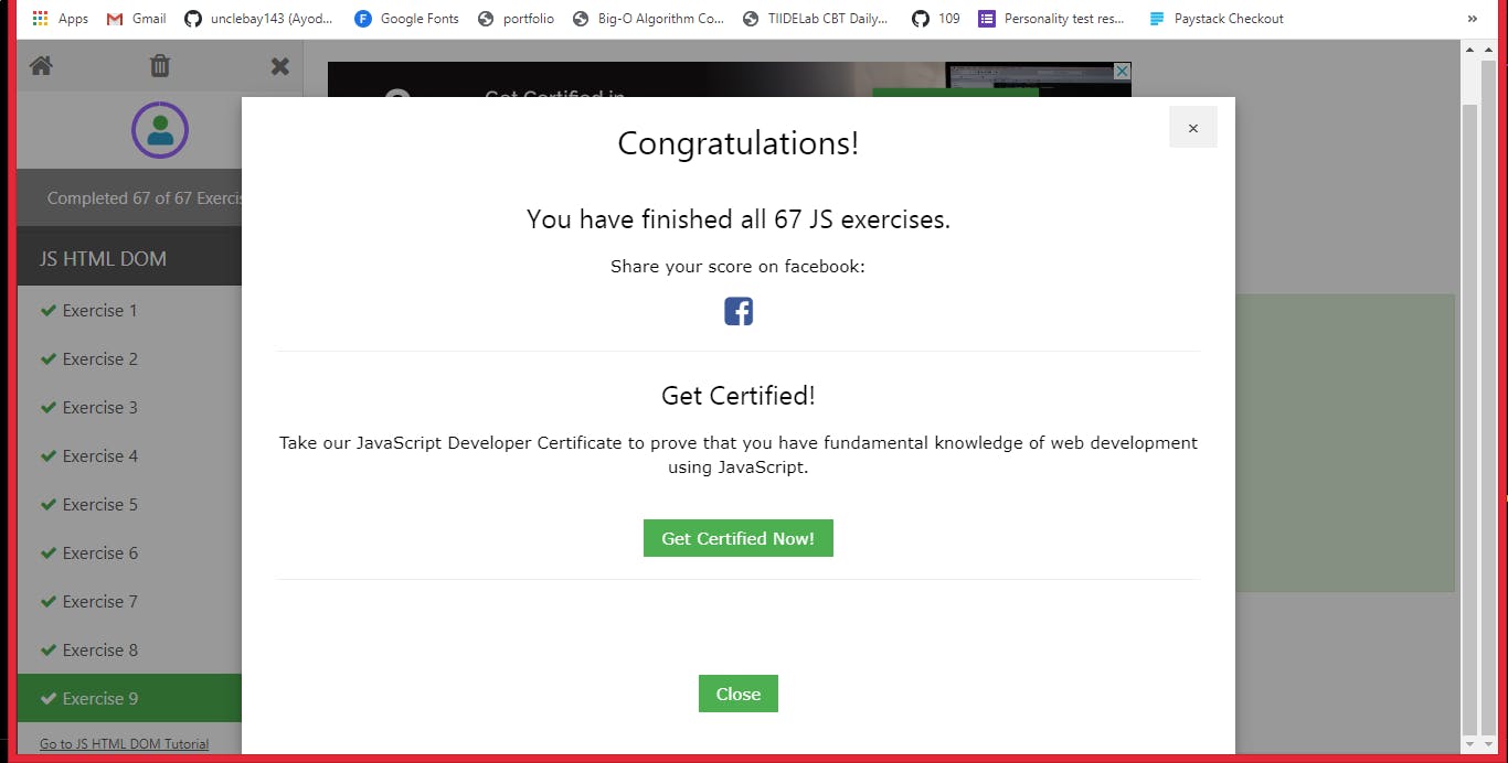 unclebigbay receive JavaScript certificate from W3schools