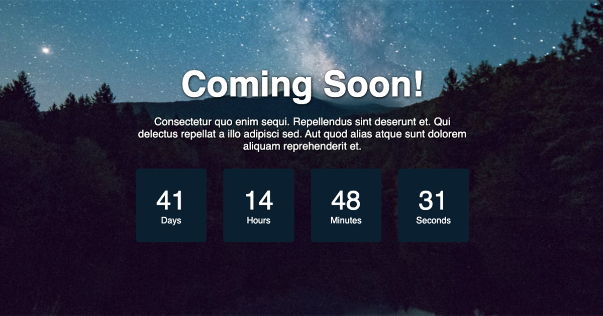 Create a coming soon page featuring a JavaScript countdown timer