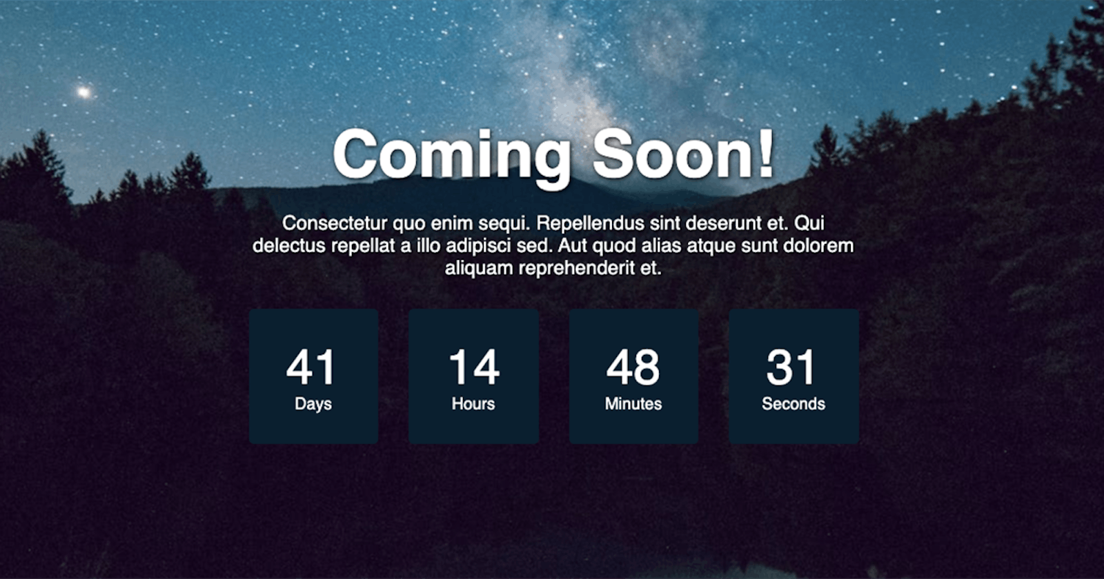 Create a coming soon page featuring a JavaScript countdown timer
