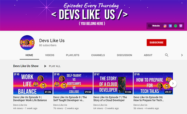 Screenshot of Devs Like Us YouTube Channel