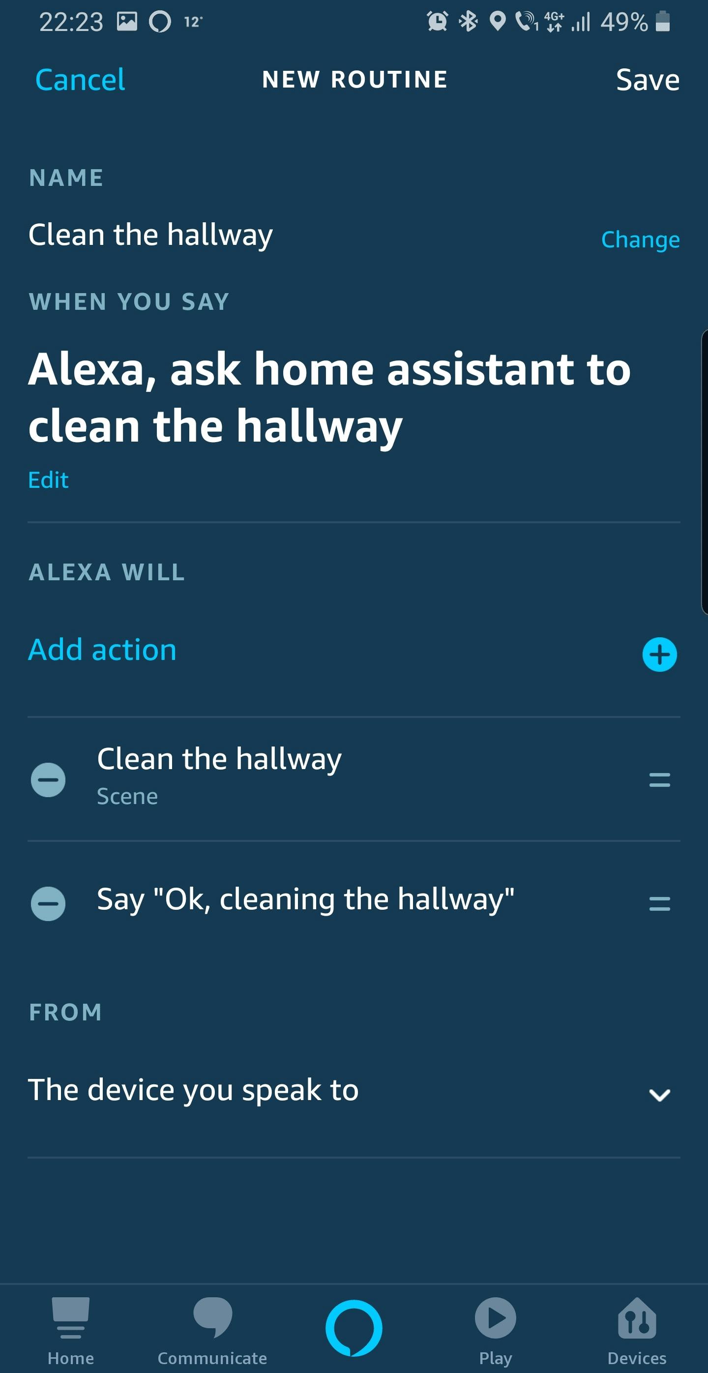 Overview of Alexa routine that integrates with Home Assistant