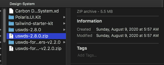 Design-System folder showing uswds-2.8.0.zip