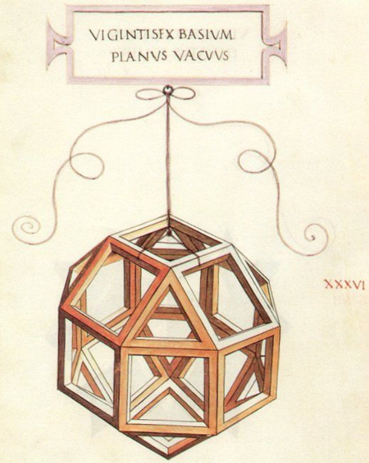 **Leonardo Da Vinci** made a series of drawings in a book called **On Divine Proportion** written by his friend and mathematician **Luca Pacioli**. This rhombicuboctahedron is one of those drawings and is the closest thing to a perfect representation of a logical edifice.