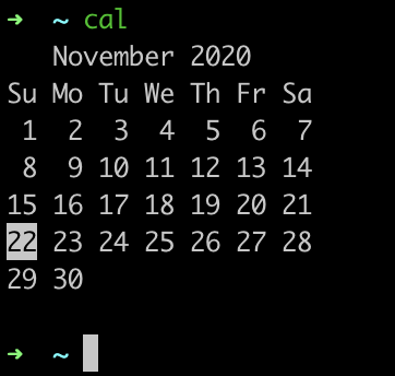 cal showing the calendar on the terminal