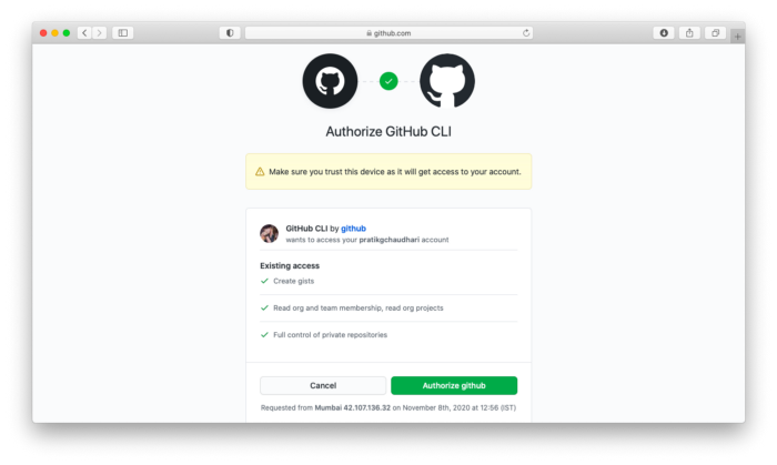 The OAuth authorization interface for GitHub CLI in browser. Image Credit: Pratik Chaudhari.