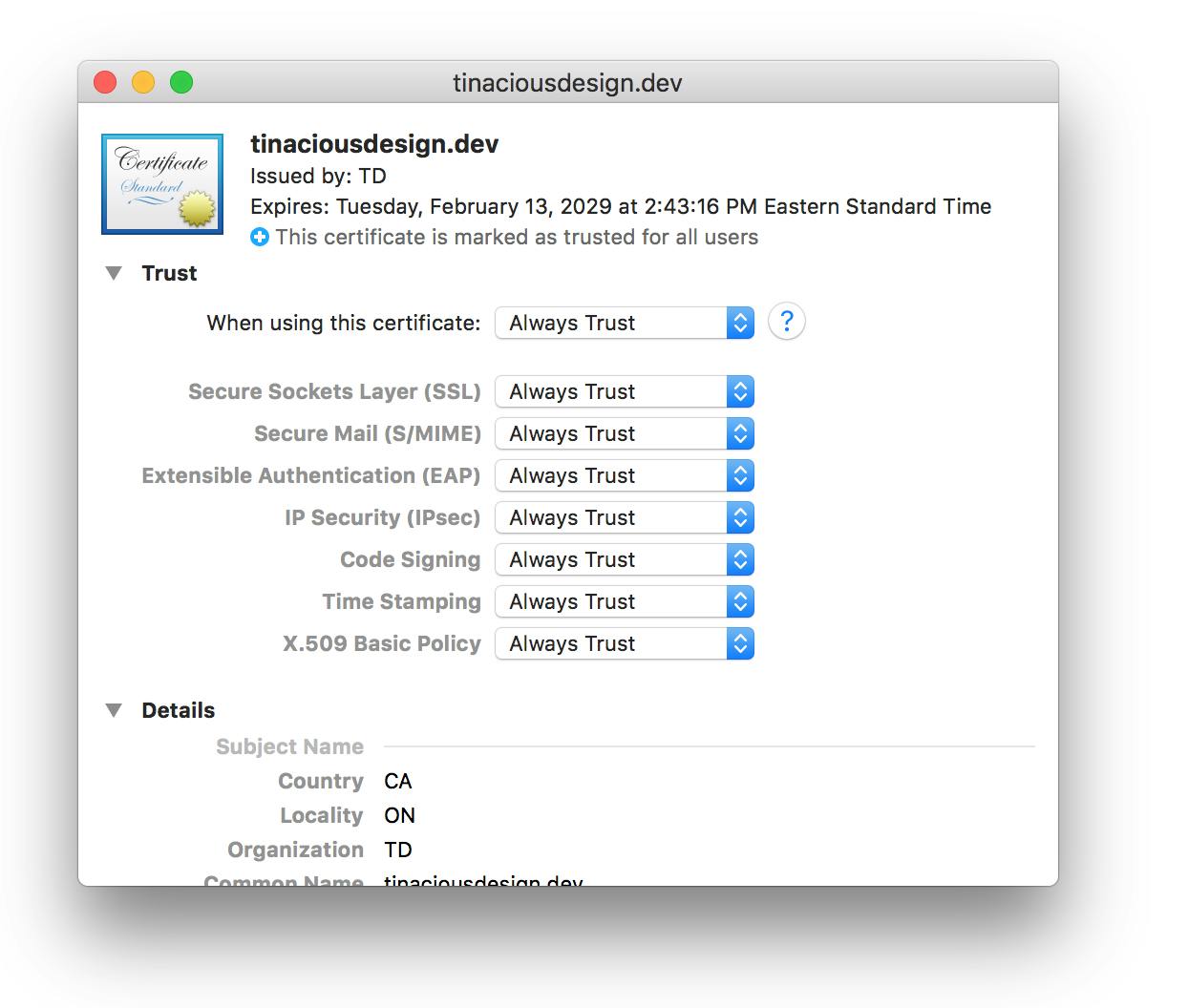 Trust the certificate in macOS Keychain Access