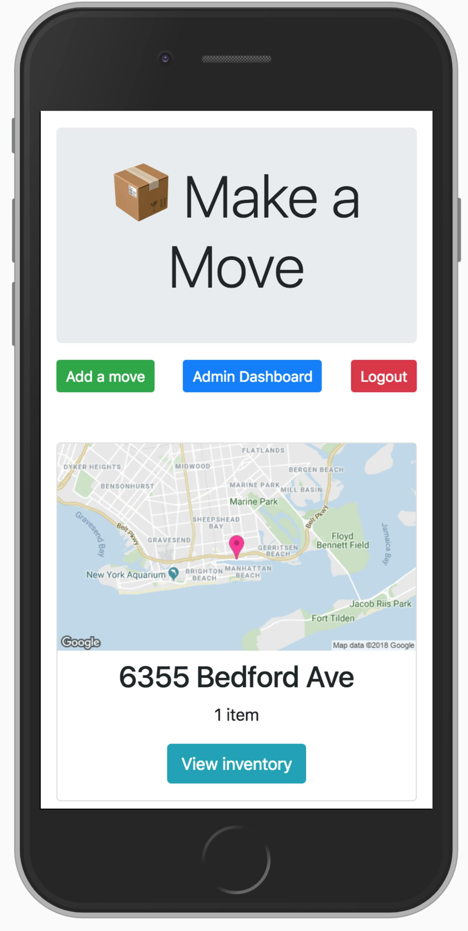 Moving inventory software shows a mobile-friendly view of all moves and their maps