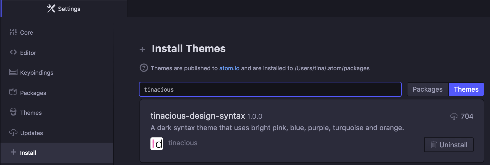 Installing Tinacious Design syntax theme from the Install tab in Atom