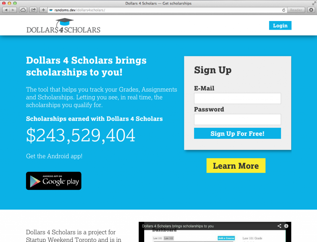 Dollars 4 Scholars Startup Weekend Toronto project home page