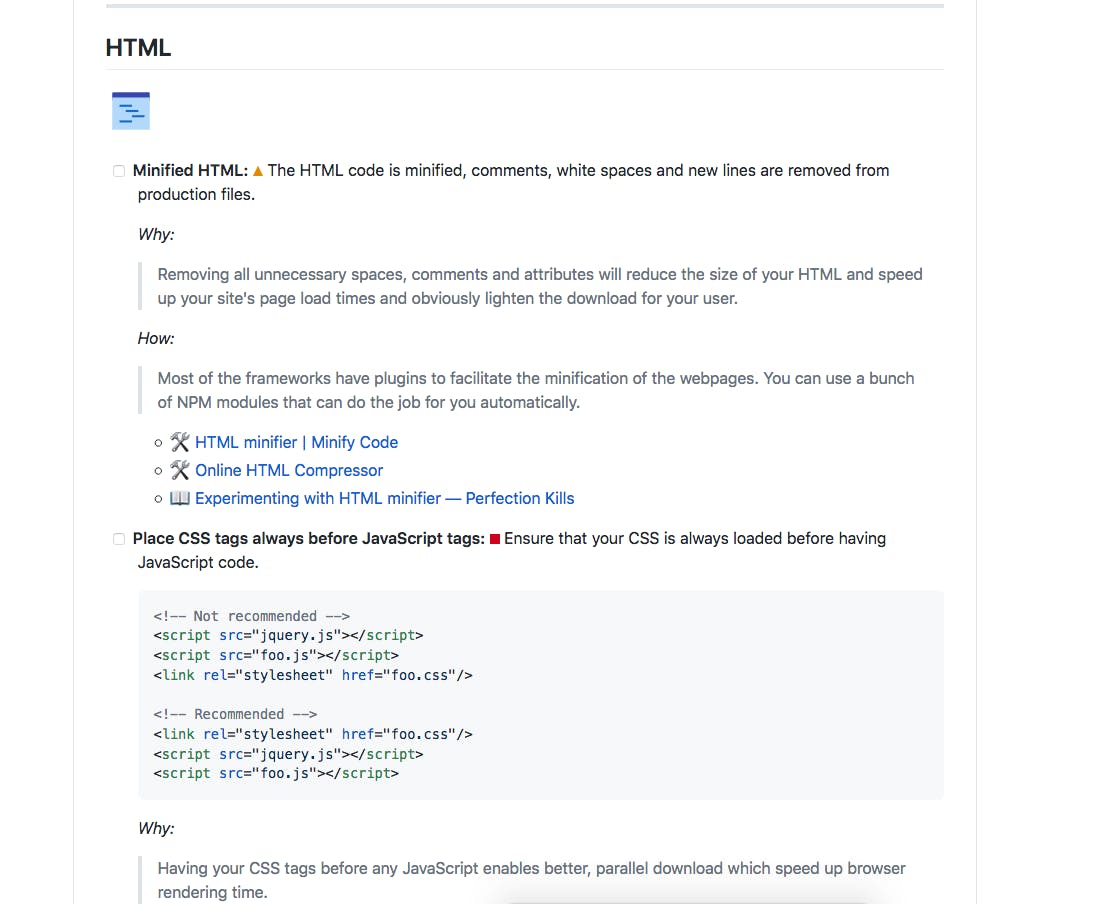 Front-End Performance Checklist Screenshot