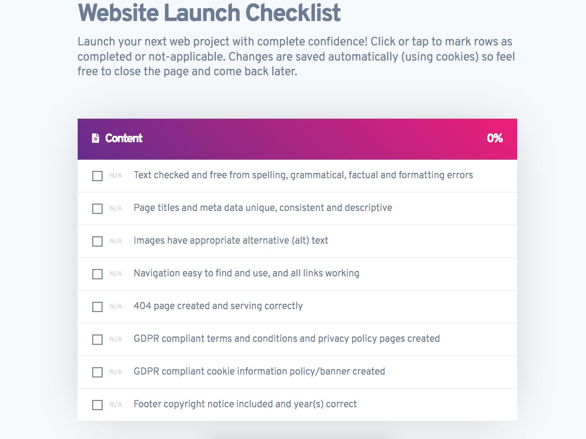 Website Launch Checklist Screenshot