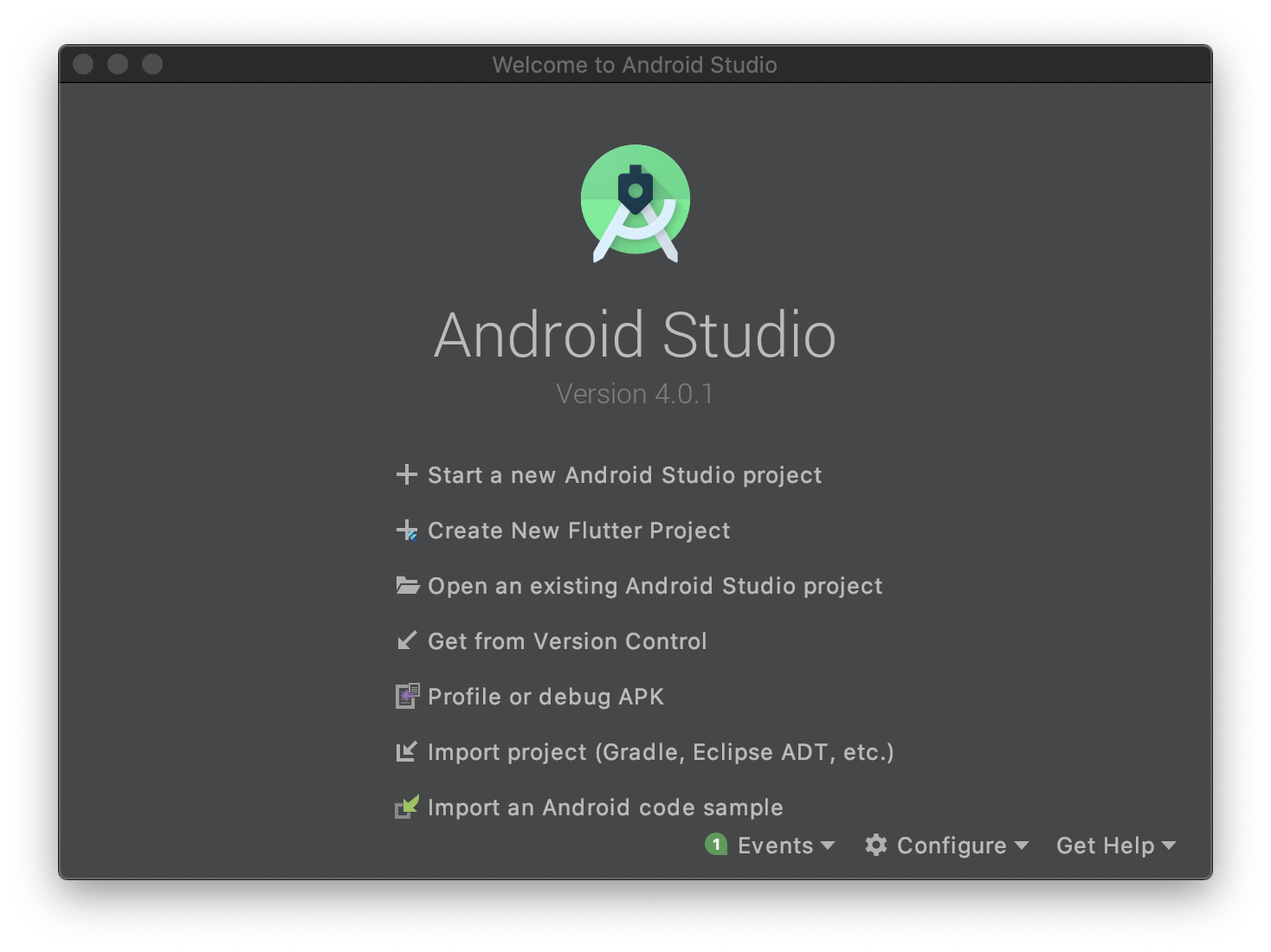 Android studio welcome page