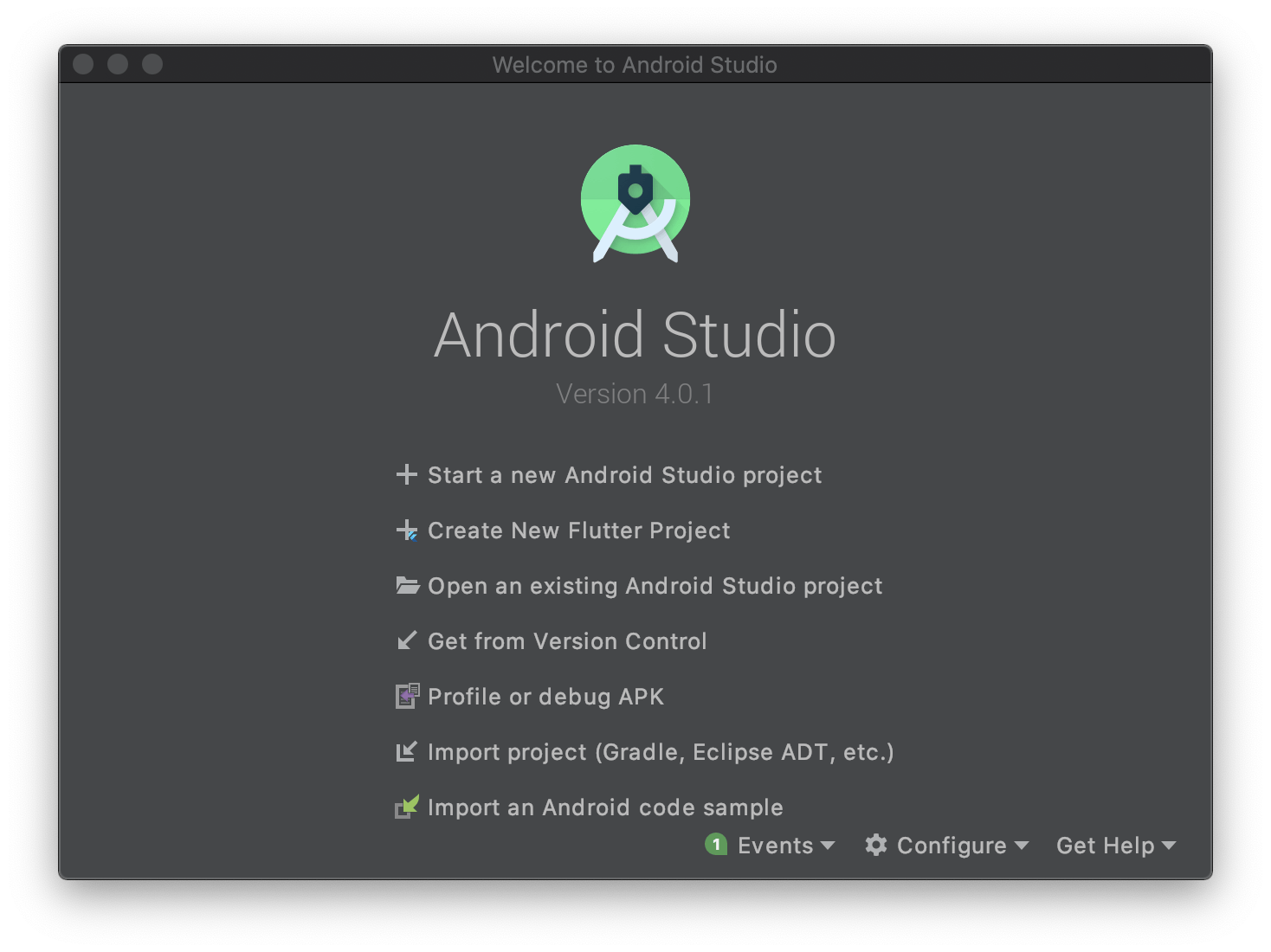 Android studio welcome page