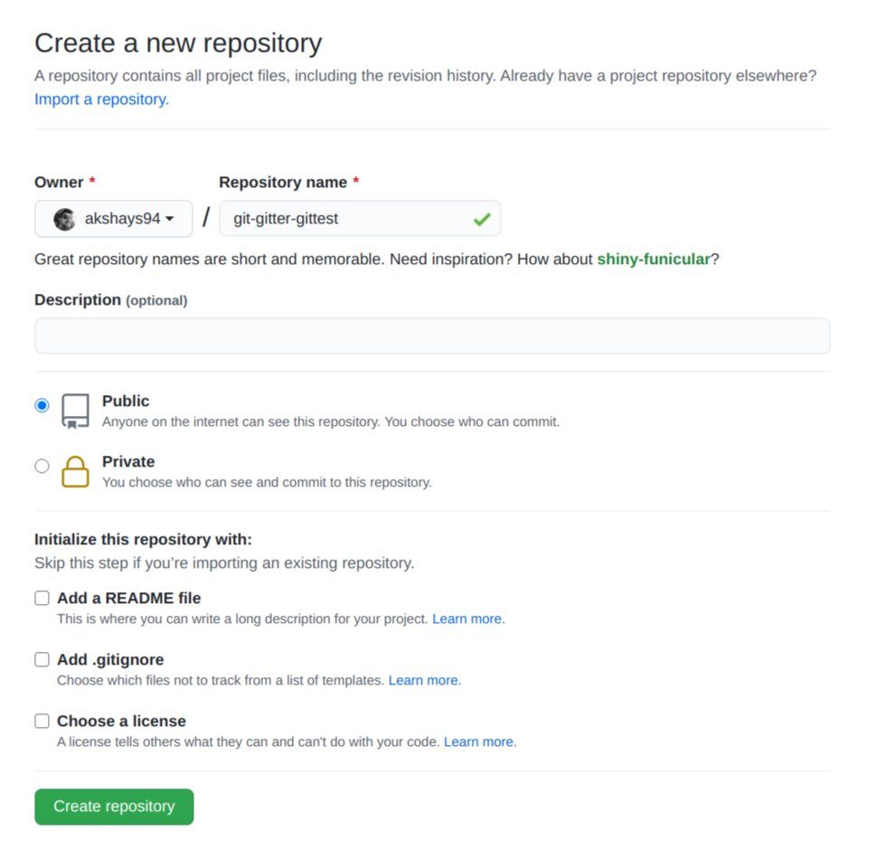 Create a new repository on GitHub screenshot