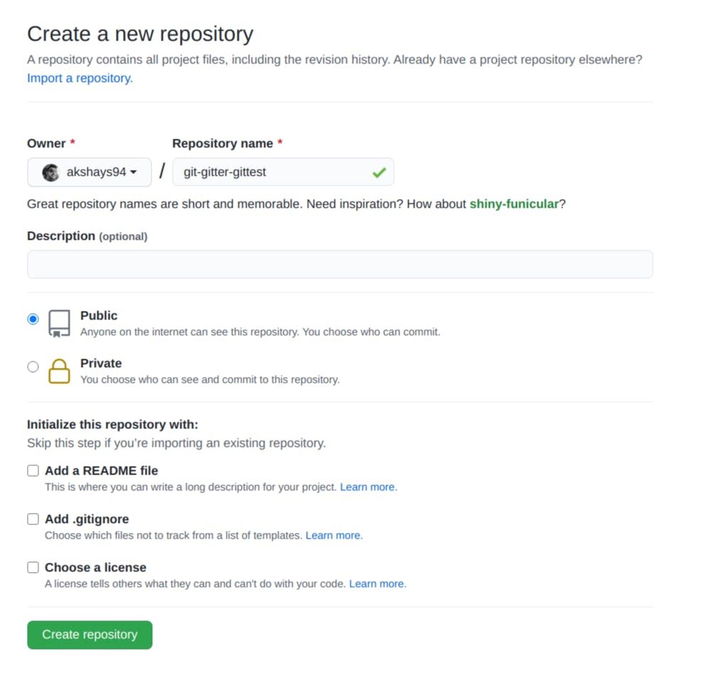 Create a new repository on GitHub screenshot