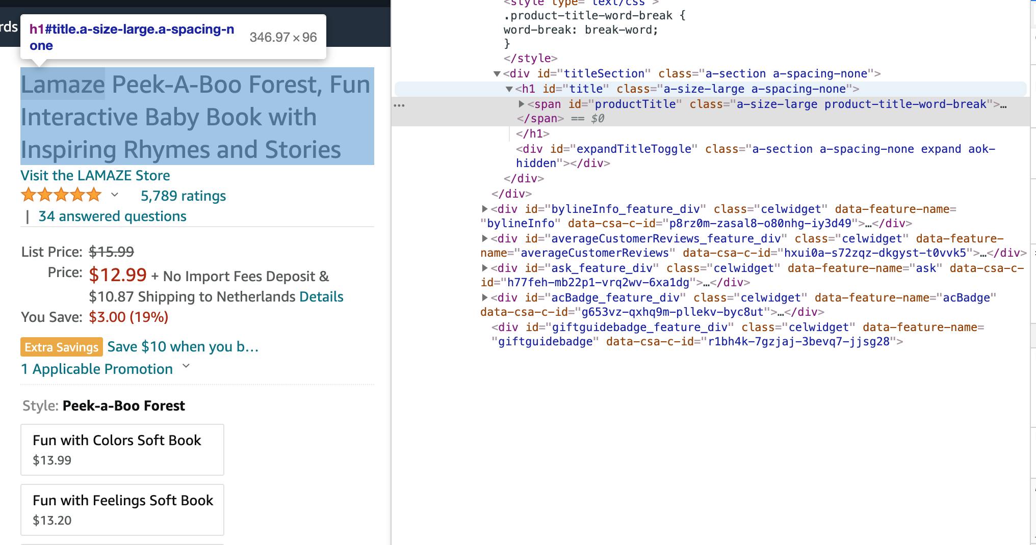 Amazon detail page with dev tools open