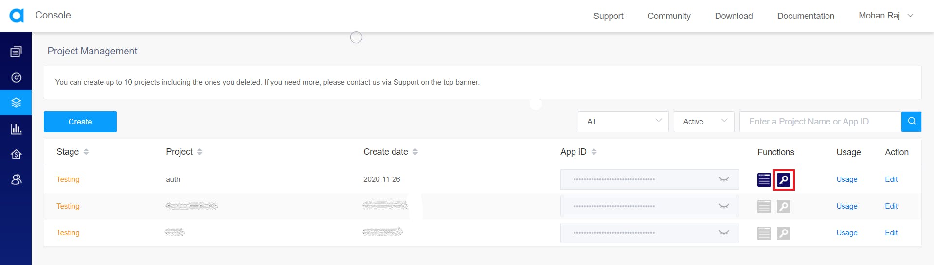 Project Management Console Temp Token