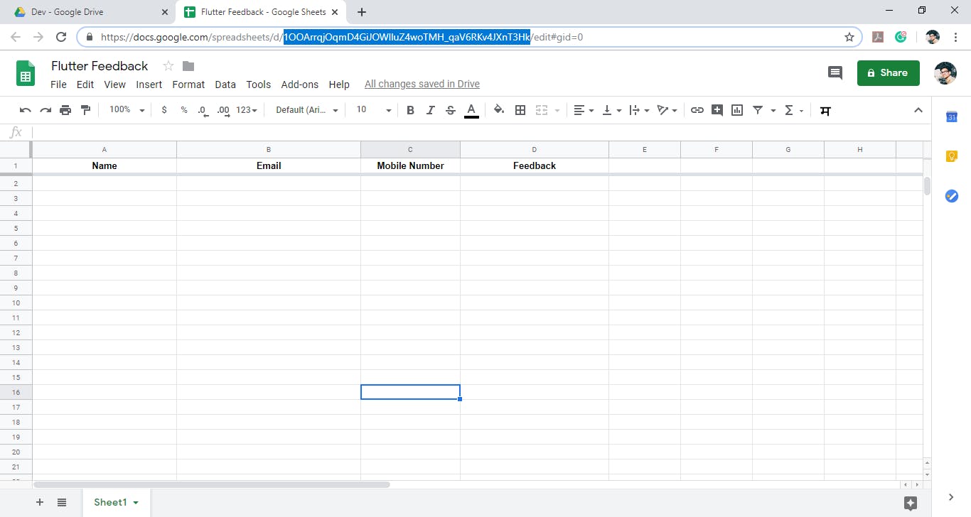 Initialized Google Sheet. (Selected Part of URL is **Sheet ID**).