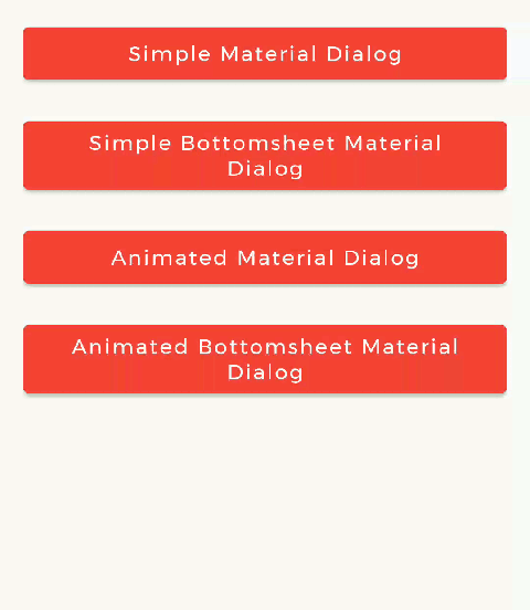 **Animated Material Dialogs.** Material Dialog at left and Bottom Sheet Material Dialog at right.