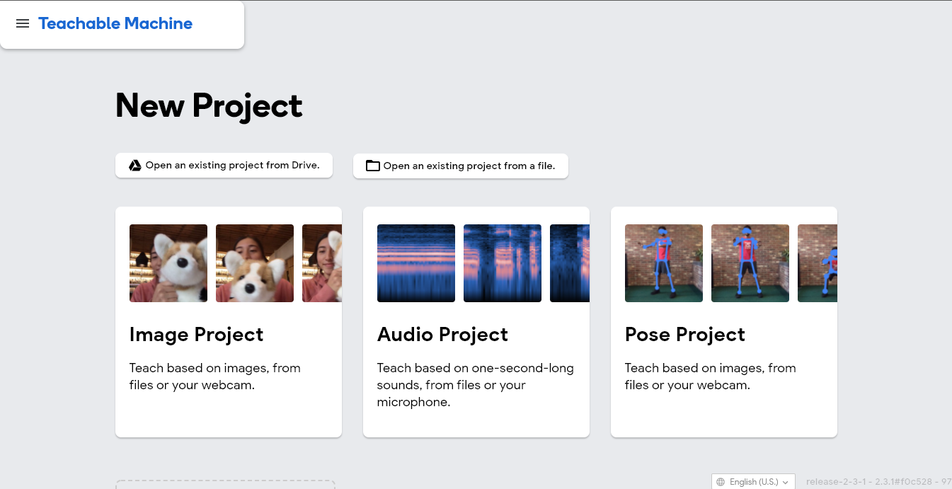 Teachable Machine Learning projects; image, audio, and pose projects.