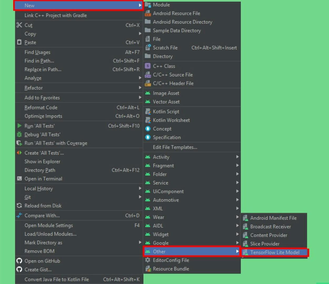 The import model option in Android Studio