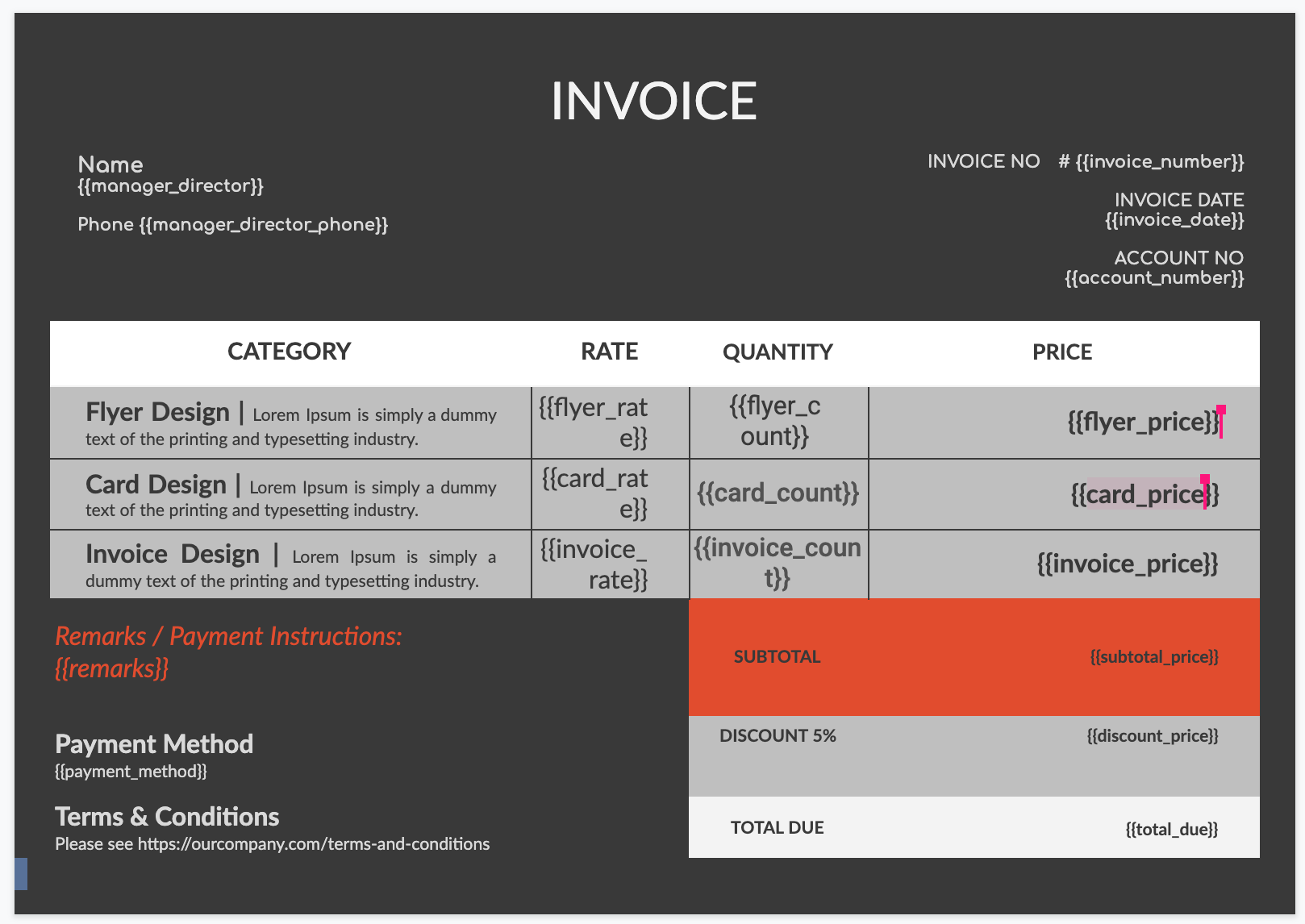 Invoice with templated variables