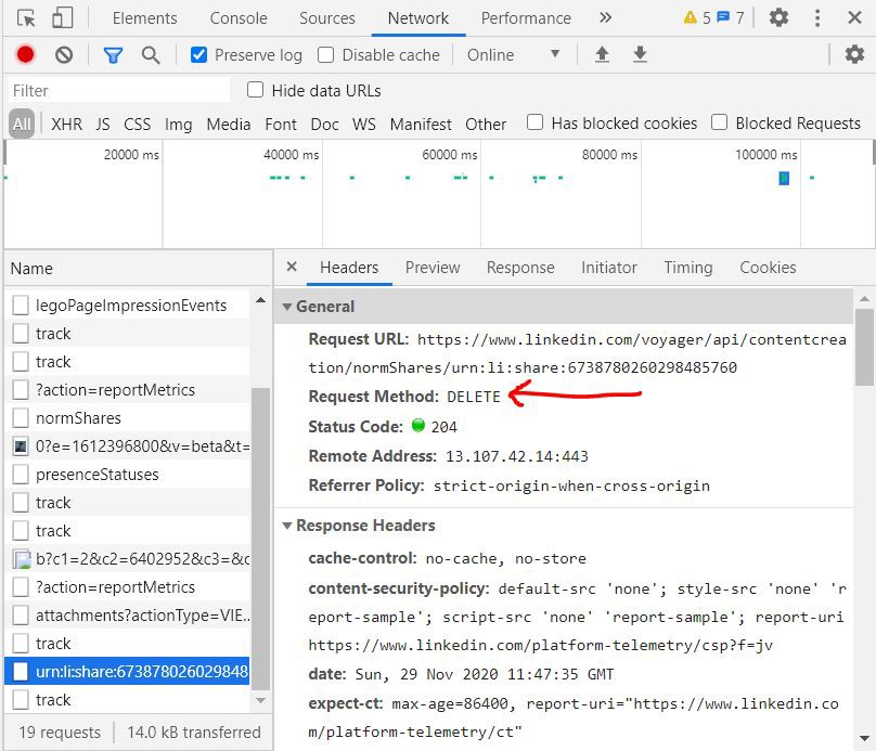 DELETE request in Chrome dev tools