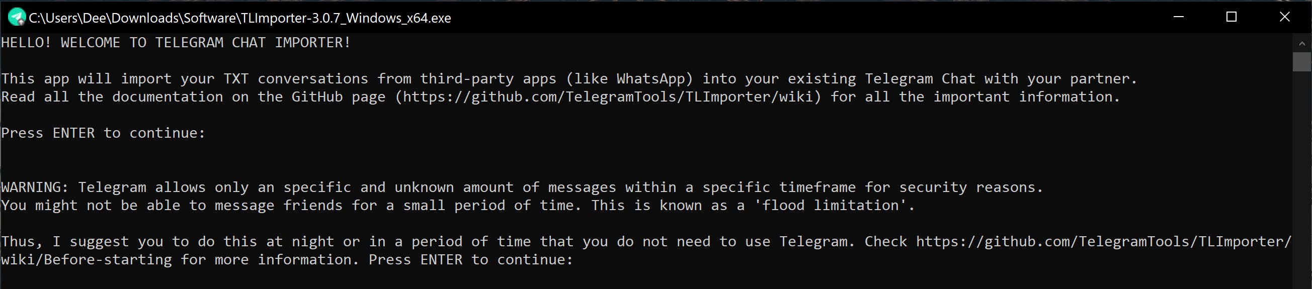 TLImporter welcome message and prompts