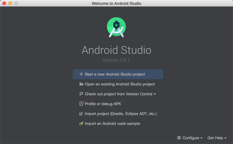 Android Studio Welcome Screen