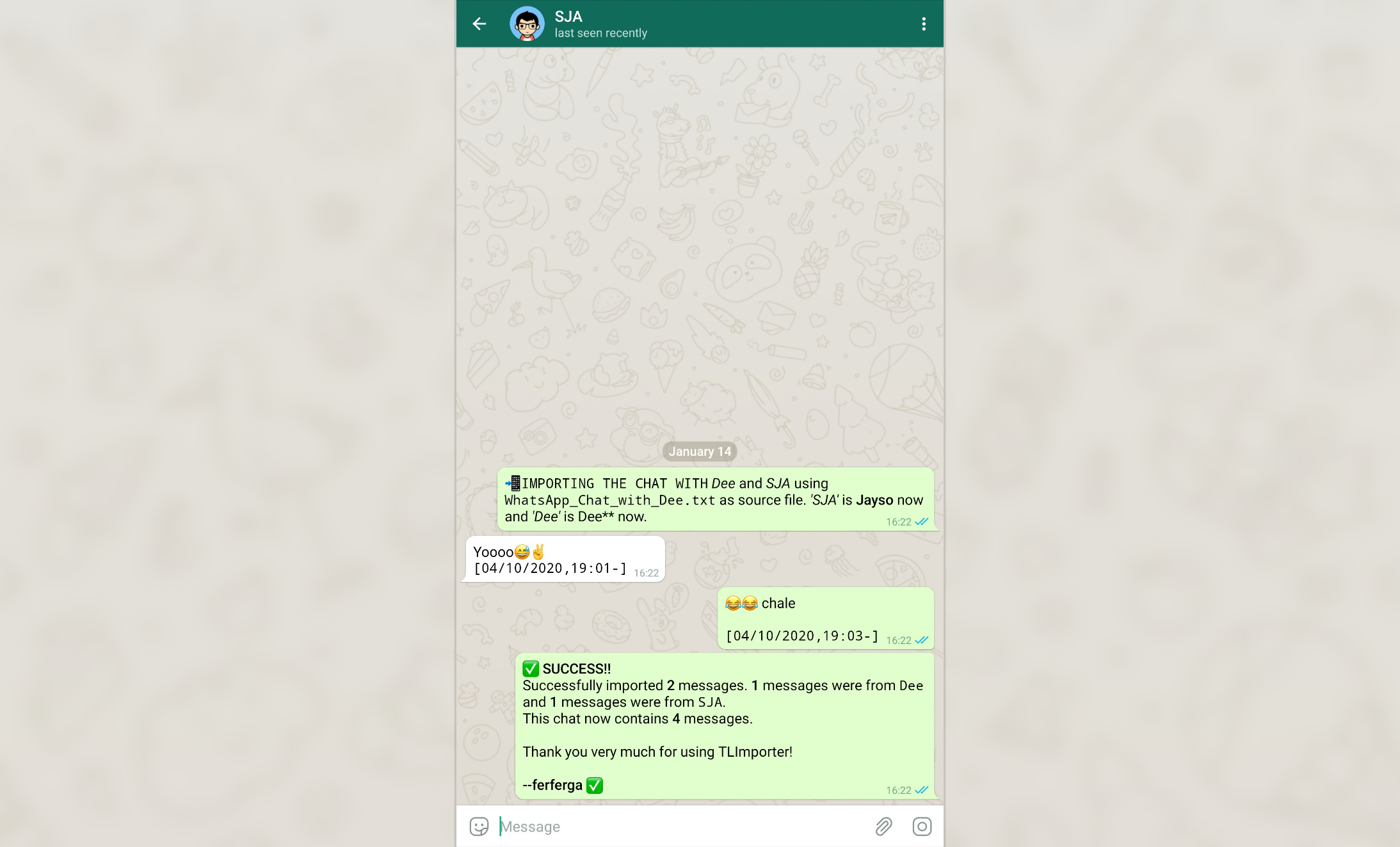 Screenshot showing chat imported from WhatsApp