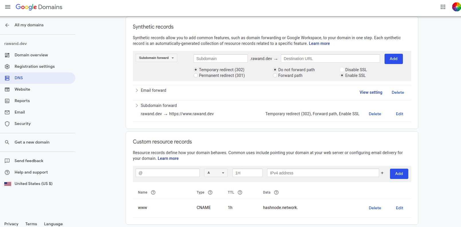 Google Domains DNS Section