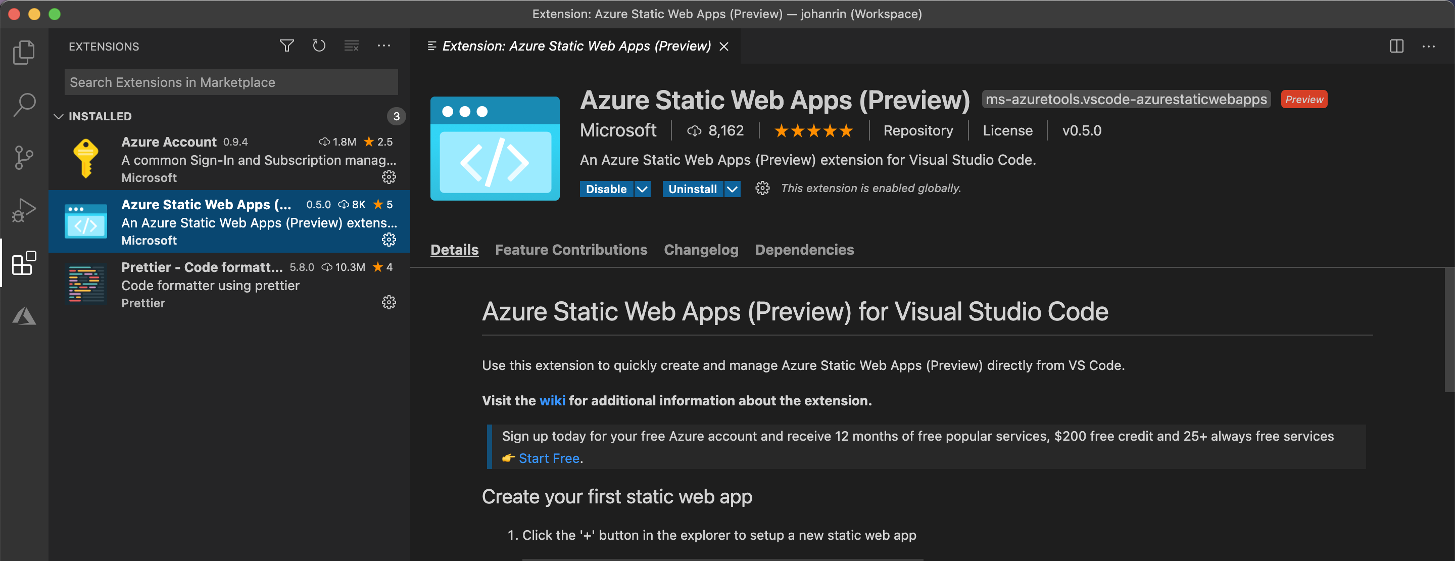 Azure Static Web Apps extension