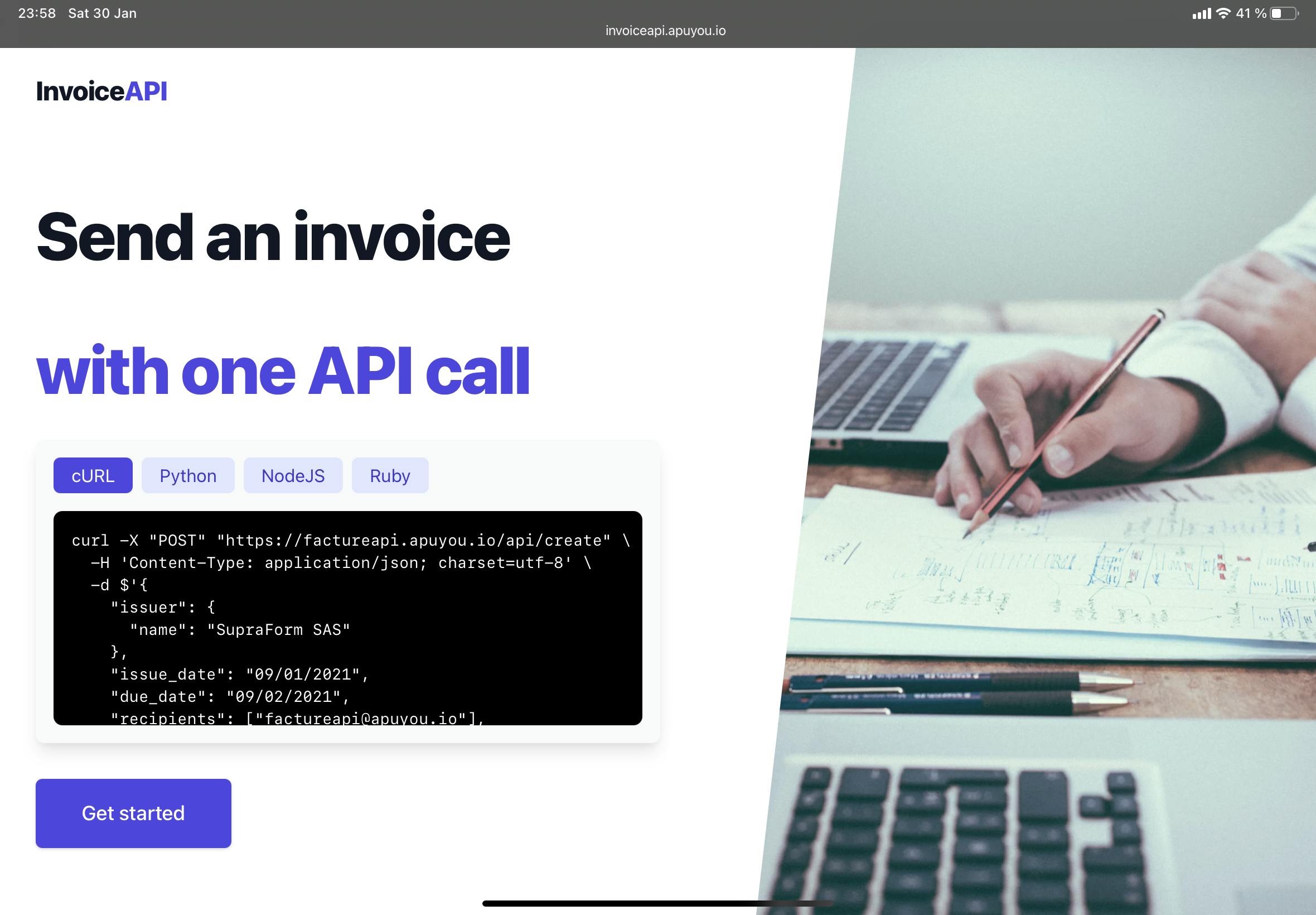 Landing Page for InvoiceAPI