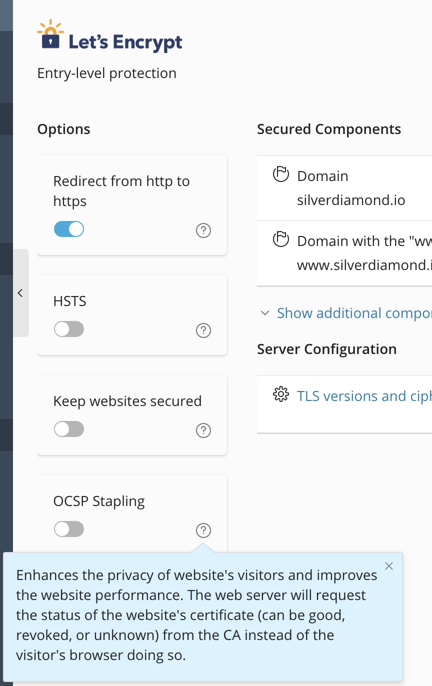 Screenshot of Plesk Panel displaying the OCSP Stapling option