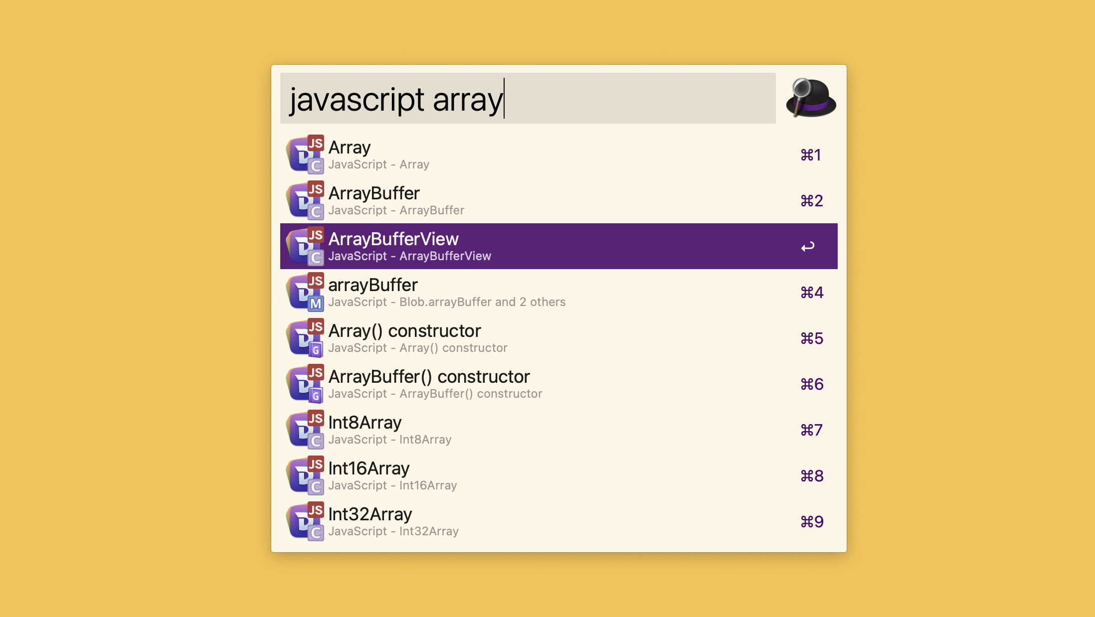 Open Alfred and type in "javascript array" for example.